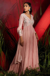 Dusky Pink Chanderi & Georgette Embroidered Anarkali Set